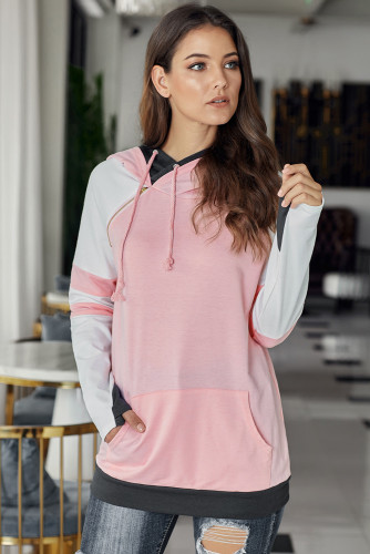 Pink Varsity Striped Sleeves Double Hooded Sweatshirt