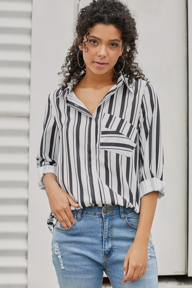 Black Striped Chest Pocket Button Down Shirt