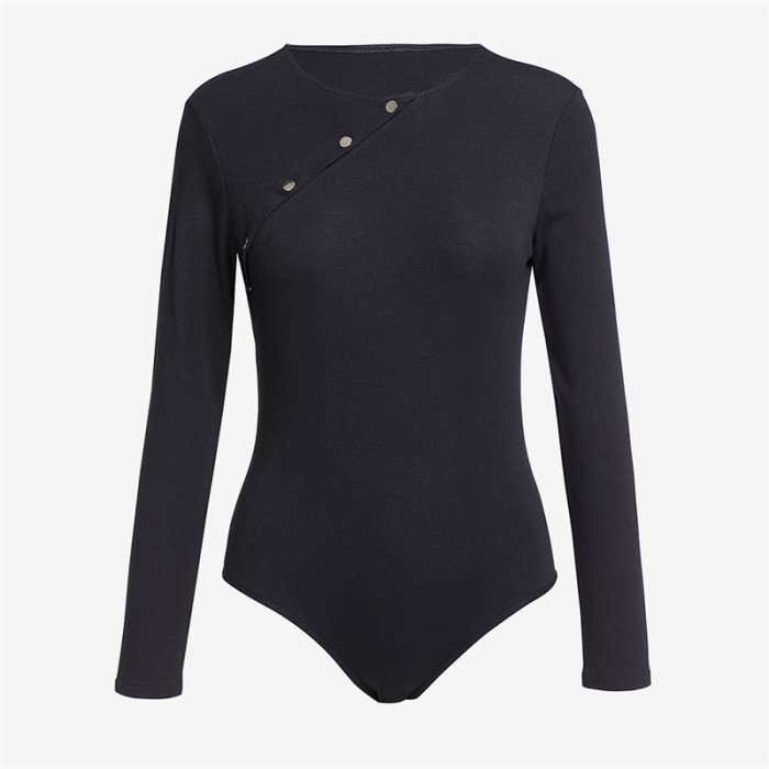 Black Asymmetric Snap Button Ribbed Knit Bodysuit
