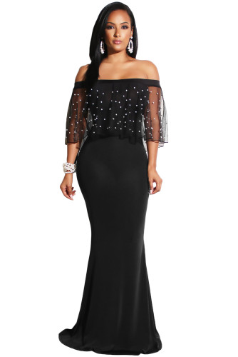 Pearl Mesh Flounce Black Mermaid Party Dress