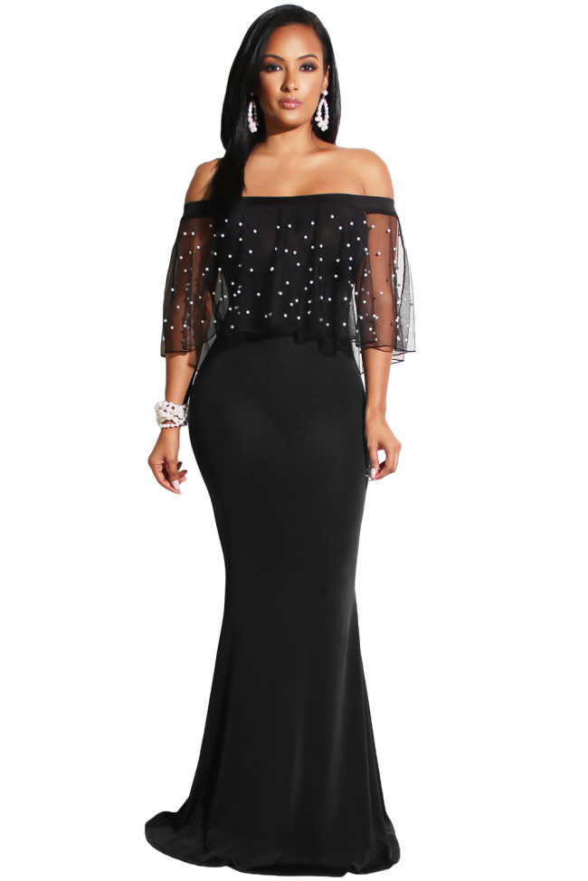 Pearl Mesh Flounce Black Mermaid Party Dress