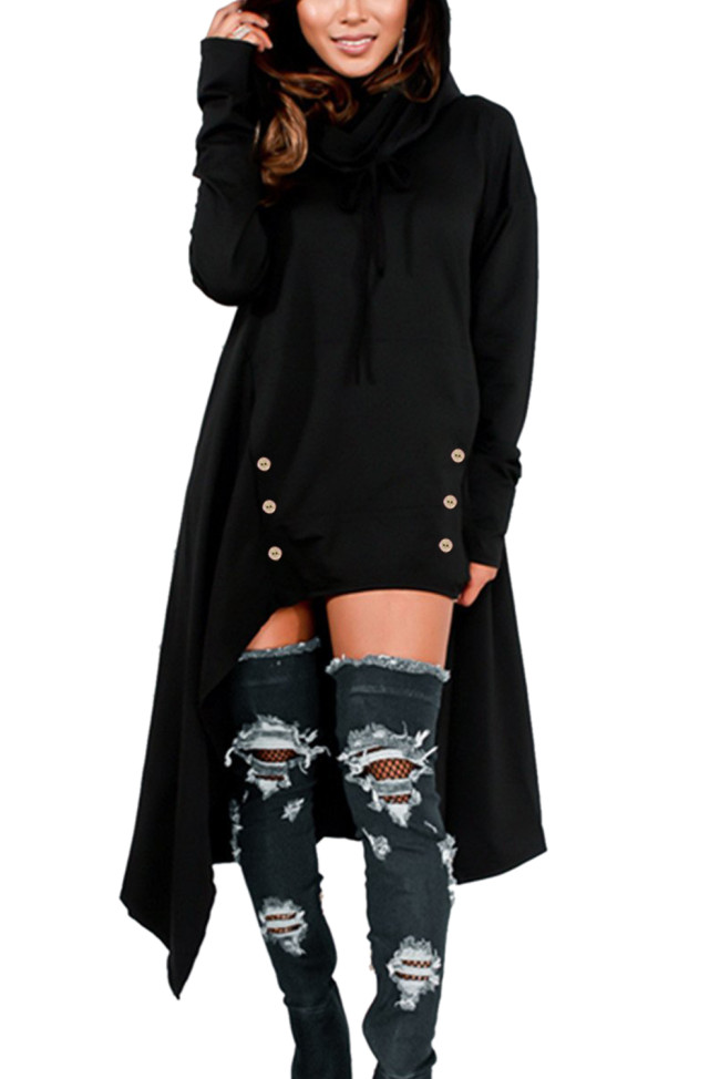 Black Asymmetric Hem Hooded Dress Top