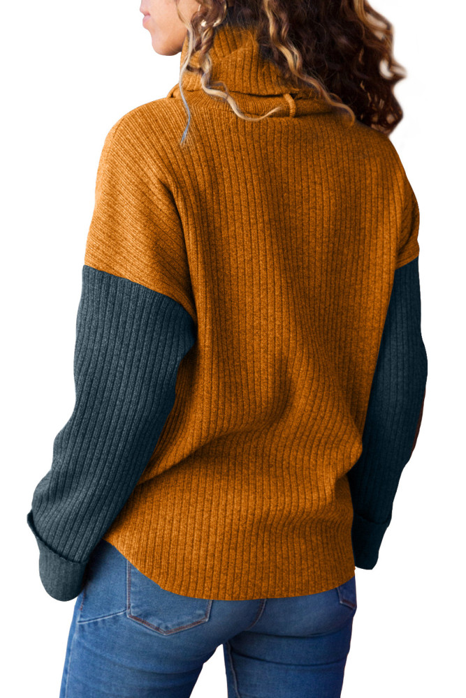 Mustard Blue Color Patchwork Ribbed High Neck Sweater