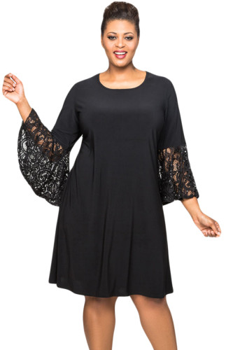Black Sequin Lace Bell Sleeve Plus Size Mini Dress