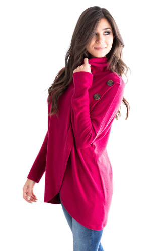 Rosy Button Cowl Neck Overlap Tunic Top