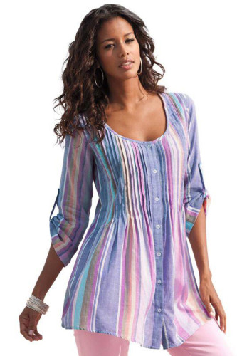 Multicolor Pleated Stripe Button Front Tunic