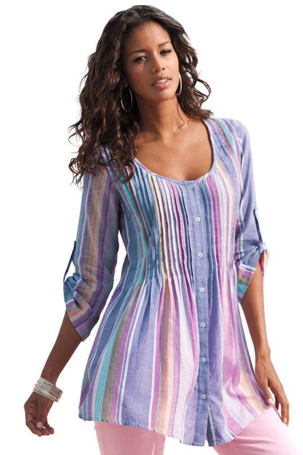 Multicolor Pleated Stripe Button Front Tunic