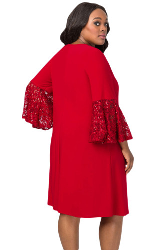 Red Sequin Lace Bell Sleeve Plus Size Mini Dress