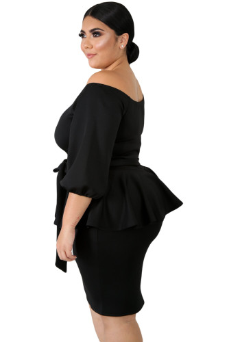 Black Sash Tie Plus Size Peplum Dress