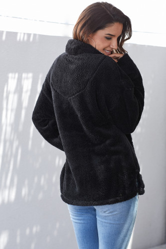 Black Zipper Fleece Pullover Coat