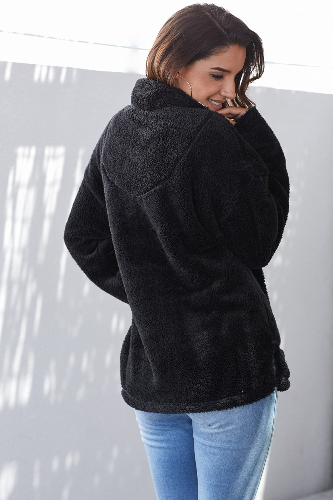Black Zipper Fleece Pullover Coat