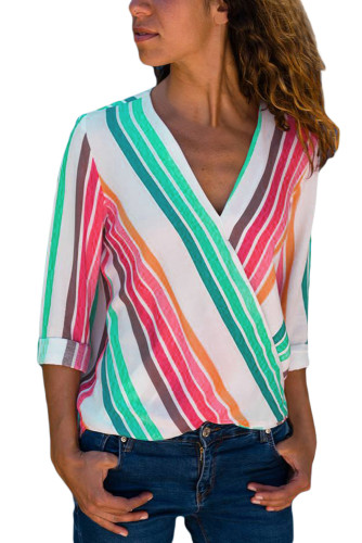 Colorful Stripe Long Sleeve V Neck Shirt