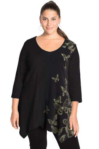 Black V Neck Butterfly Print Plus Size Top