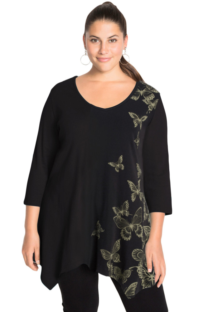 Black V Neck Butterfly Print Plus Size Top