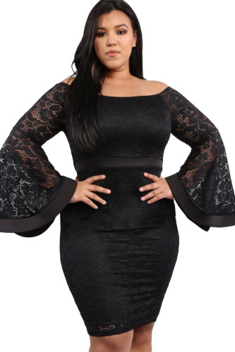Black Plus Size Long Bell Sleeve Lace Dress