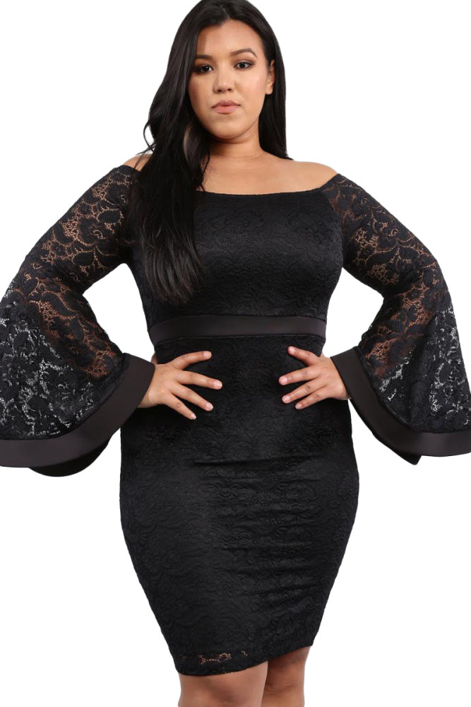 Black Plus Size Long Bell Sleeve Lace Dress