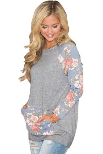 Blue Floral Patchwork Kangaroo Pocket Sweatshirt