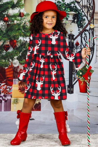 Buffalo Plaid Reindeer Christmas Little Girl Dress