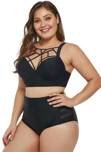 Black Caged Push-Up Balconette Plus Size High Waist Bikini