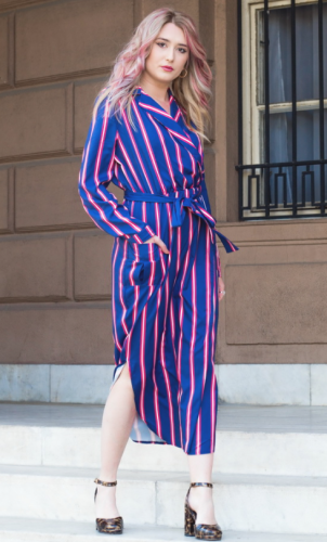 Navy Blue Multi Striped Shirt Dress with Tie