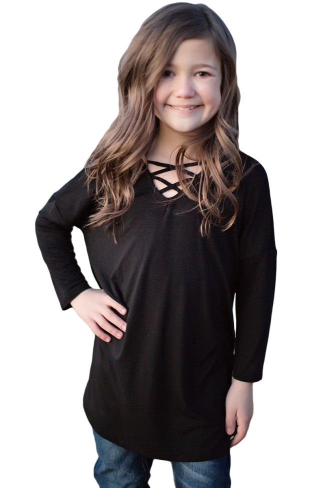 Black Long Sleeve Crisscross Top for Girls