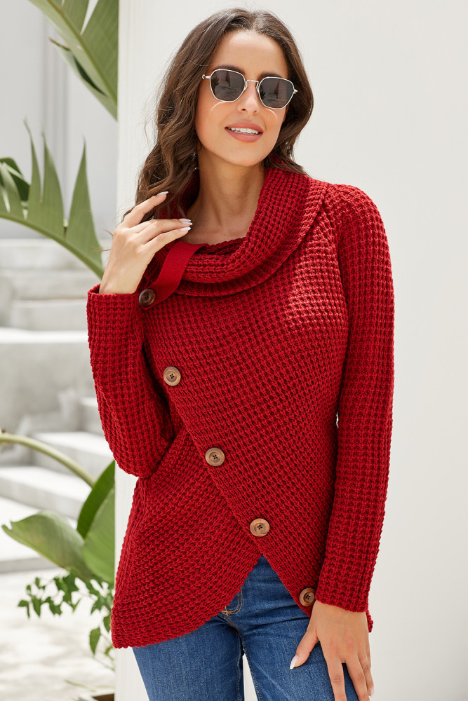 Burgundy Buttoned Wrap Turtleneck Sweater