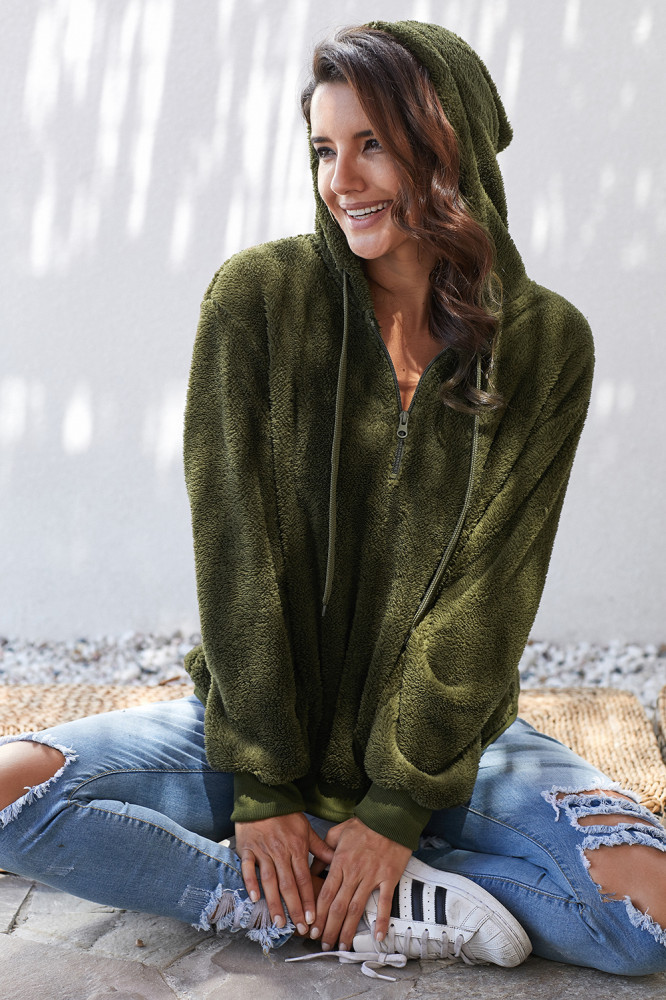 Green Warm Furry Pullover Hoodie