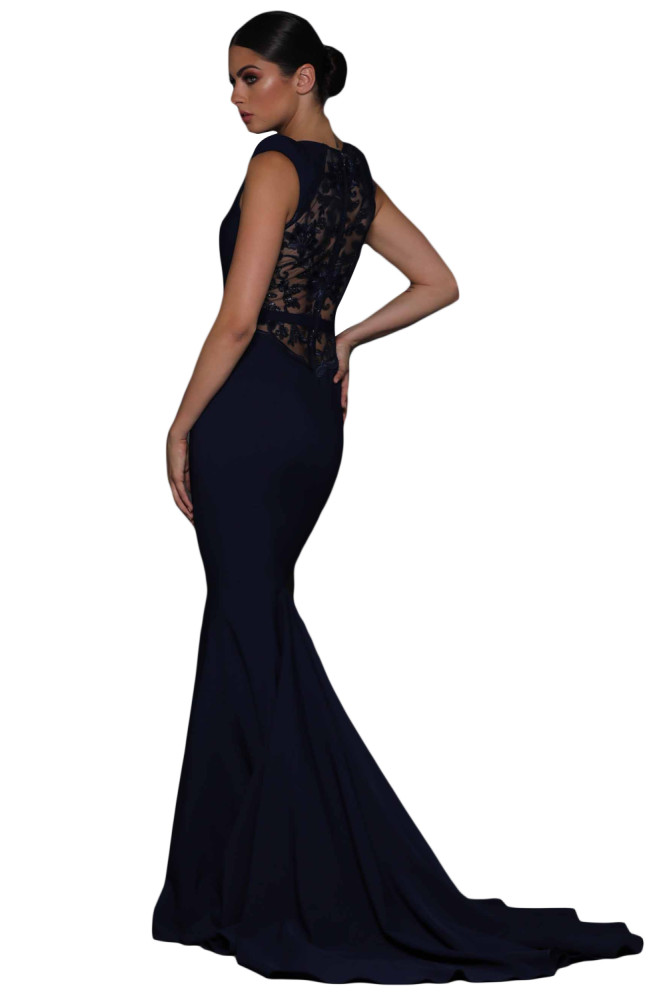 Blue Floral Embroidery Fishtail Evening Dress
