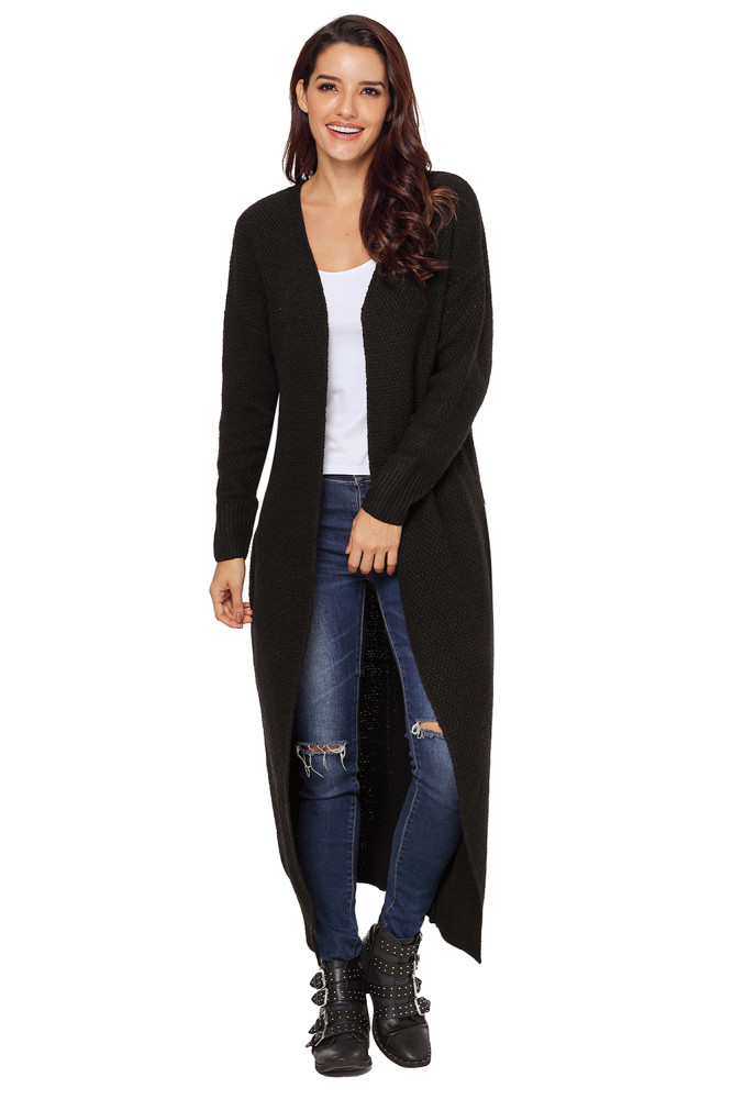 Black Open Front Knit Long Cardigan