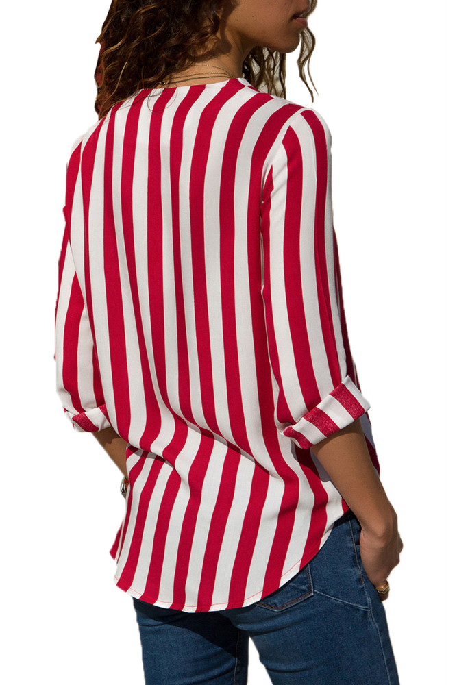 Red White Stripe Long Sleeve V Neck Shirt