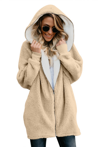 Apricot Zip Down Hooded Fluffy Coat