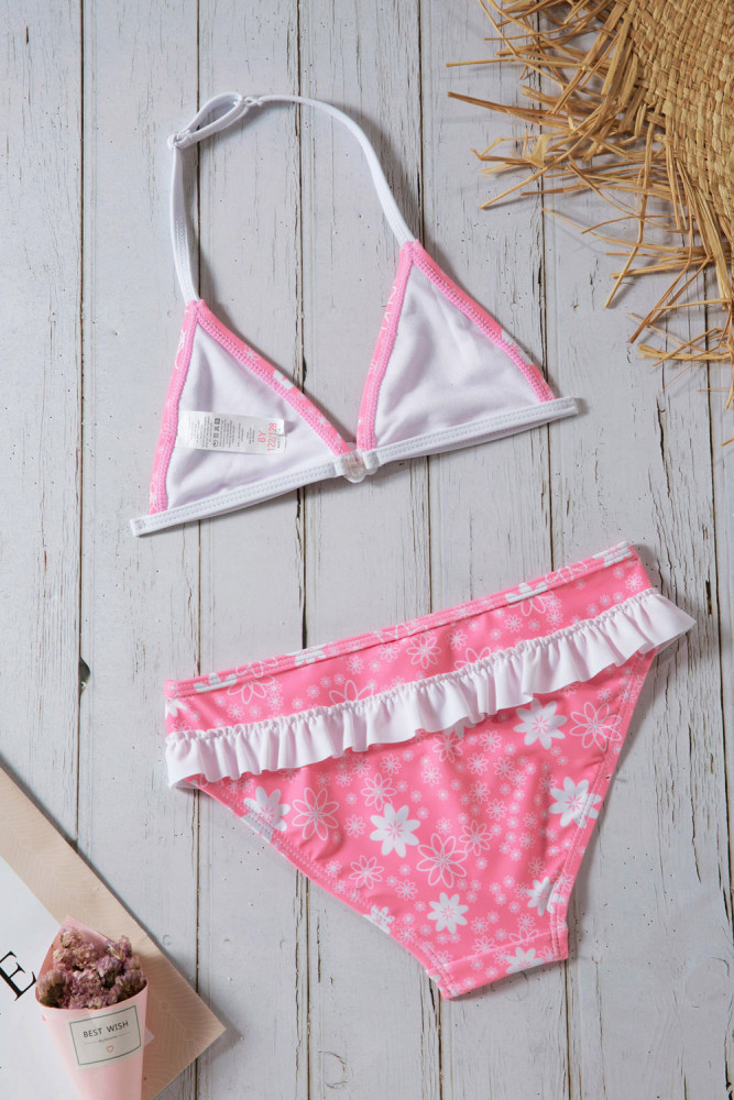 Pink Floral Halter Bathing Suit for Girls
