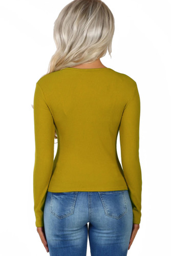 Mustard Subtly Ribbed Button Front Long Sleeve Top