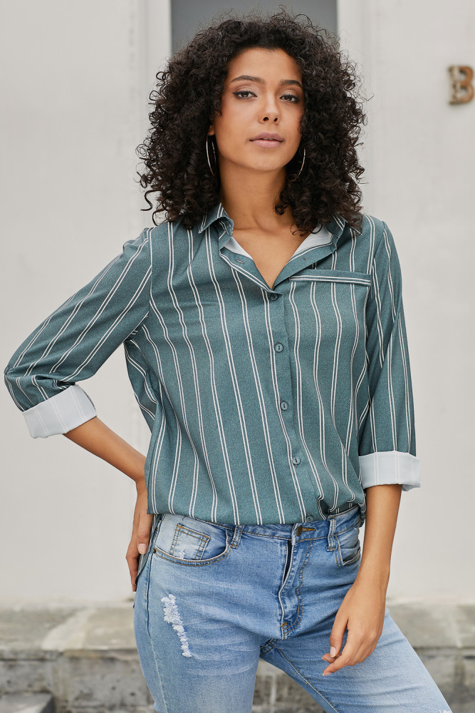 Olive Green Striped Button Detail Shirt for Women