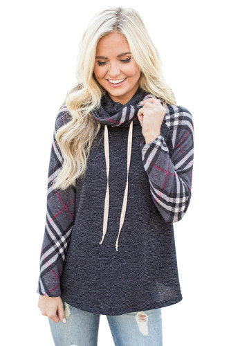 Plaid Sleeve and Cowl Neck Charcoal Drawstring Sweatshirt