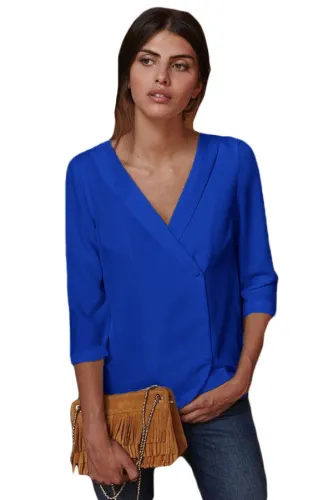 Royal Blue Button Back Lapel V Neck Blouse