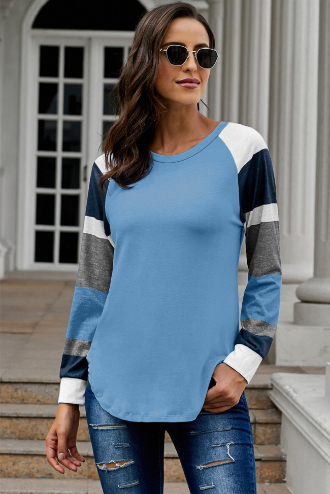 Color Block Long Sleeves Blue Pullover Top