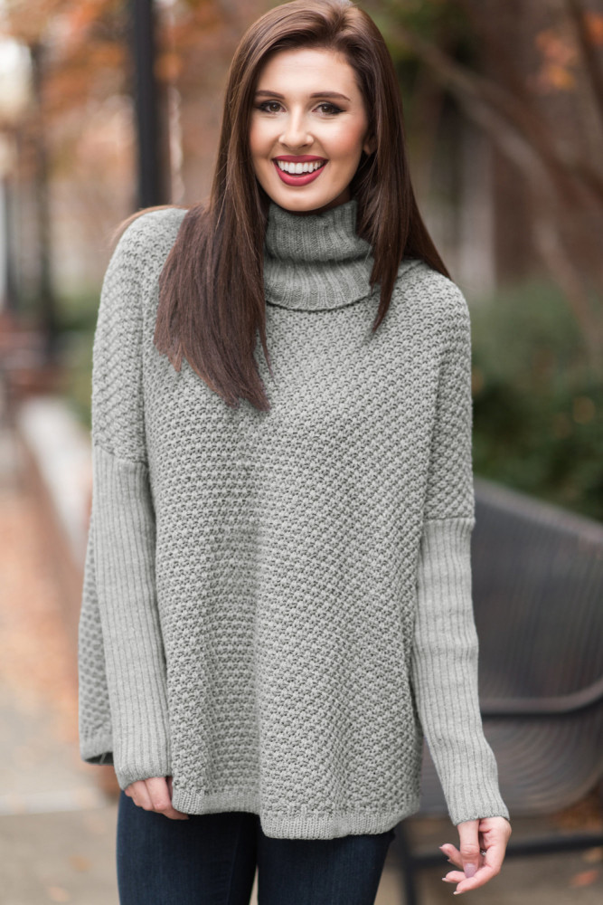 Grey Ribbed Sleeves Turtleneck Sweater Pullover