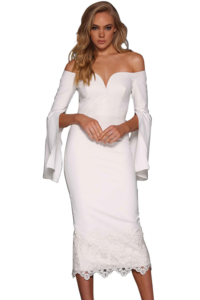 White Split Bell Sleeve Off Shoulder Midi Dress