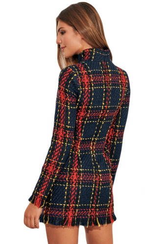 Long Sleeve Tassels Bodycon Mini Tweed Dress