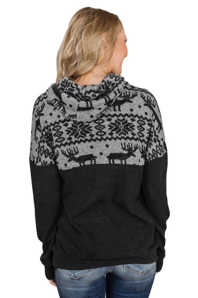 TOUCH OF CHRISTMAS REINDEER COWL NECK TOP BLACK