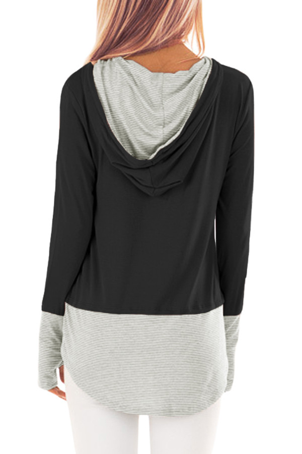 Pinstriped Patchwork Black Thumbhole Sleeved Hoodie