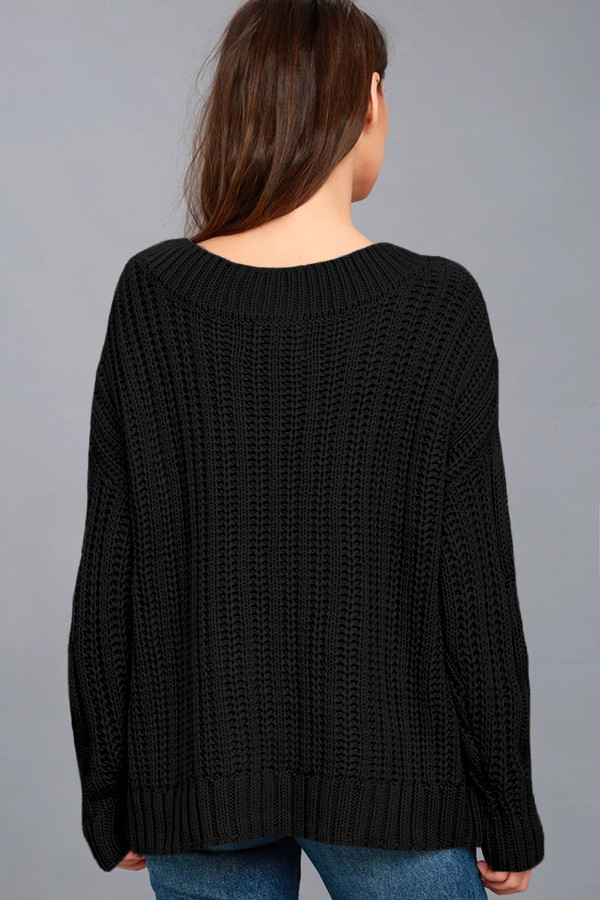 Black Cable Knit V Neck Sweater