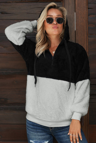 Black White Colorblock Furry Hoodie