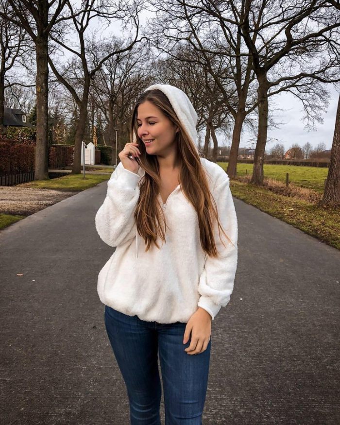 White Warm Furry Pullover Hoodie