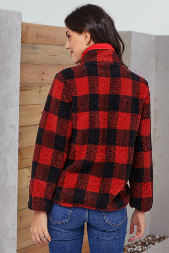 Red Plaid Zip Neck Furry Sweatshirt