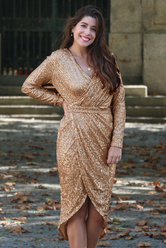 Apricot Sequins Wrapped Ruched Irregular Dress