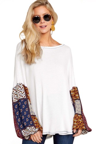 Tribal Print Bishop Sleeve White Knit Top