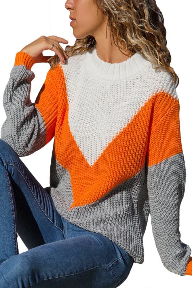 Orange Chevron Accent White Grey Sweater