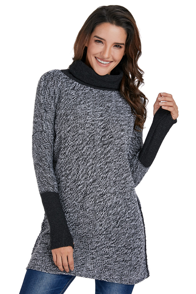 Dark High Collar Long Sleeve Knitted Stitching Sweater